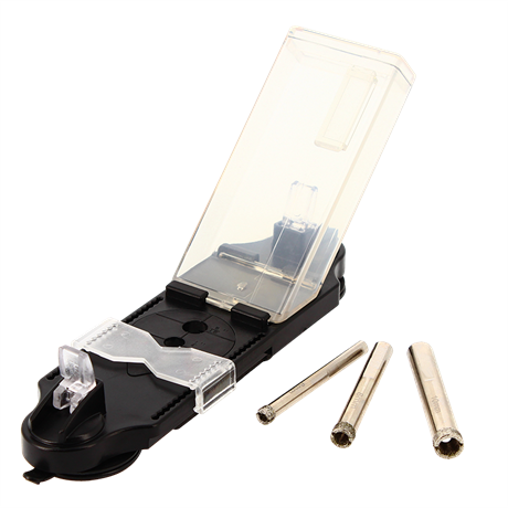 LOT DE 3 TRÉPANS DIAMANTÉS CARRELAGE + SUPPORT DE PERÇAGE