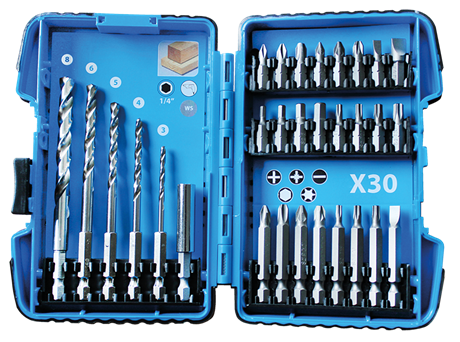 CAJA DE PUNTAS Y BROCAS PARA MADERA 1/4'' - 30 PIEZAS