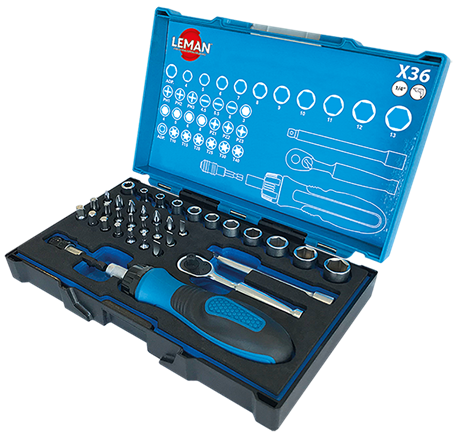 COFFRET DE DOUILLES 1/4'' + EMBOUTS 36 PIÈCES